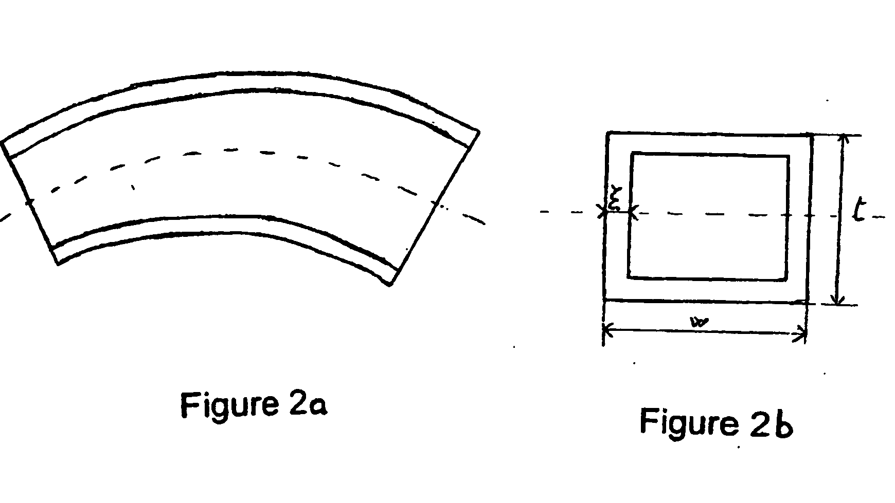 Two line drawings from a patent specification, side by side. On the left, labelled Figure 2a, a curved segment of a spiral spring seen from the side, drawn with a thin outer band running along both faces and a dashed centre line through it. On the right, labelled Figure 2b, the same spring in cross-section: a rectangle inside a rectangle, the inner one the silicon core and the outer band the layer grown on it, with the layer's thickness marked by a small dimension arrow and the overall width and thickness marked w and t.