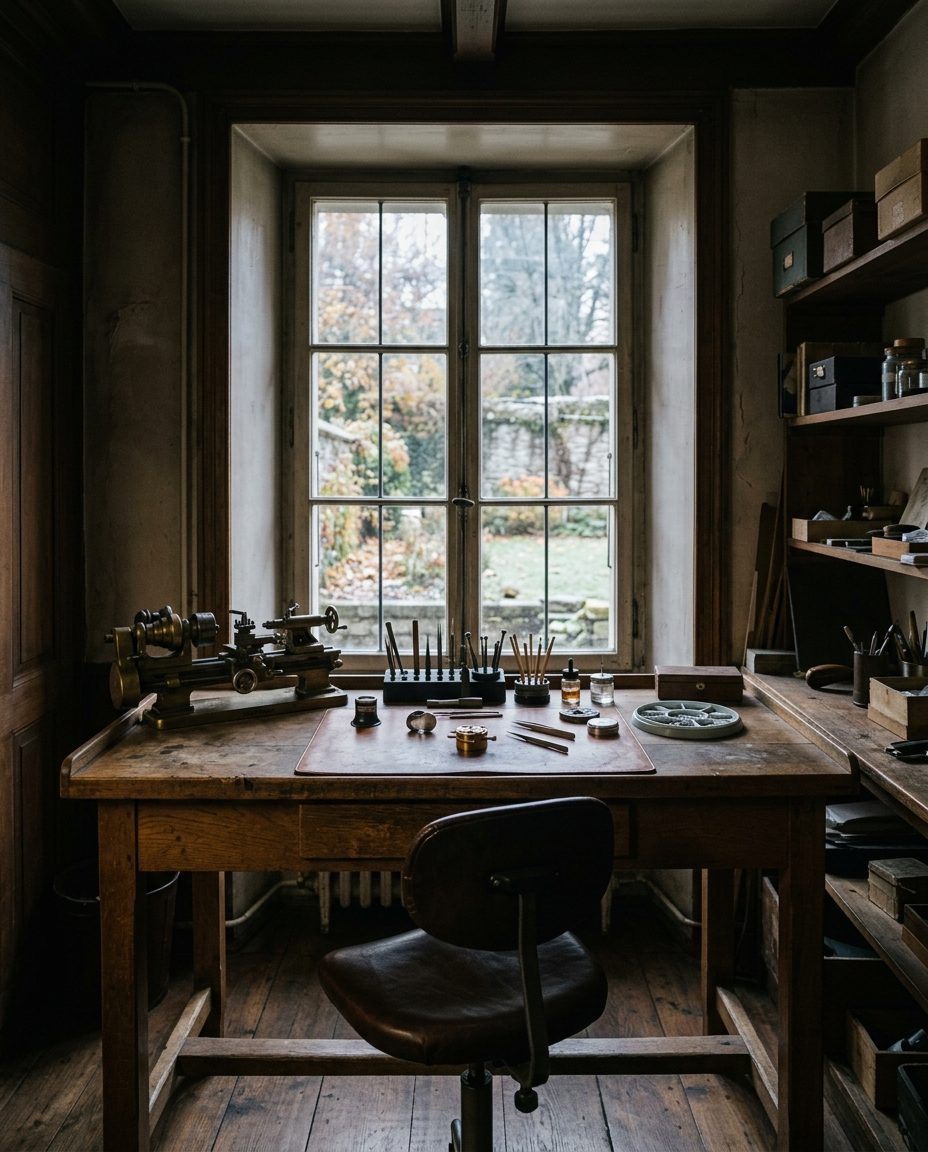 An empty watchmaker's bench in a panelled room. A wooden workbench stands under a tall window looking onto a bare winter garden, with a brass turning lathe at one end, hand tools and parts trays laid out on a leather mat, and a worn leather chair pushed back from it. Nobody is at the bench.