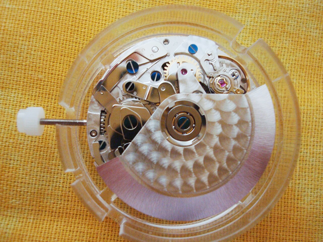 A Valjoux 7750 automatic chronograph movement out of its case, seen from the rotor side, the winding weight and going train exposed against a plain ground.